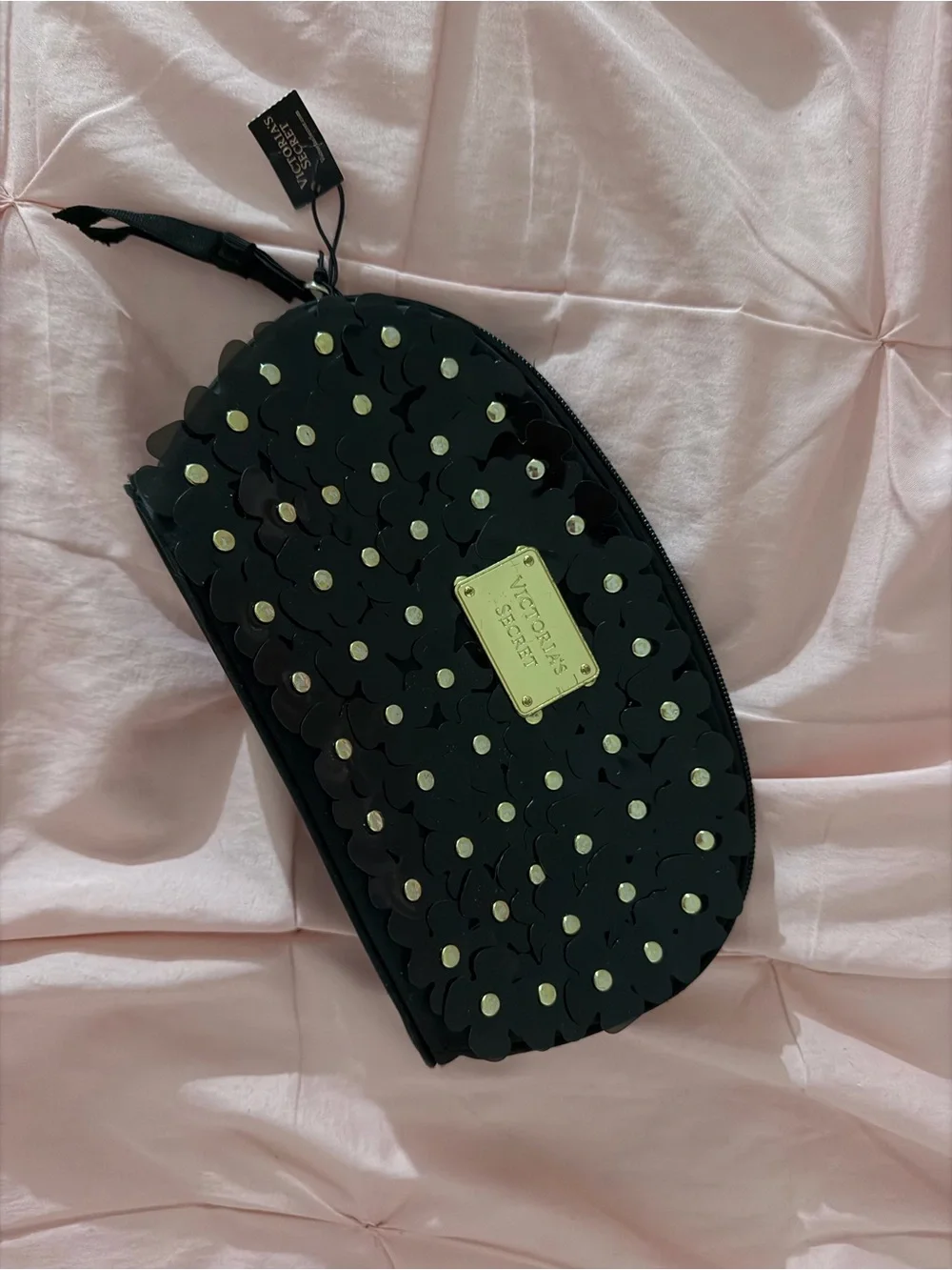 2000 Vintage Victoria's Secret Black Studded Floral Cosmetic Bag